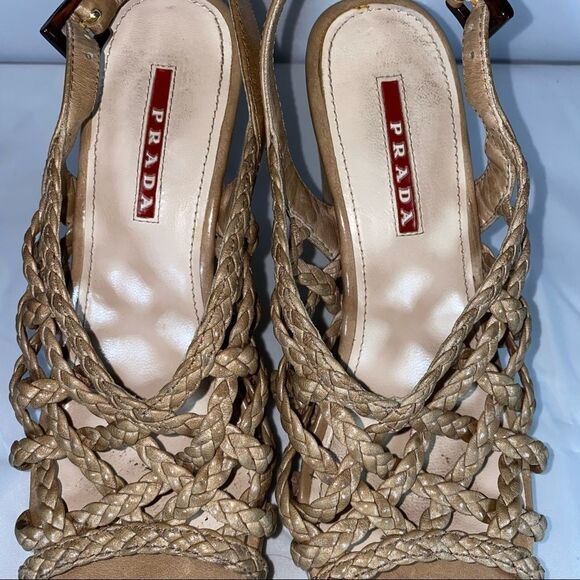 Prada Tan Braided Leather Wedges Size 36.5 Authentic - Picture 10 of 13